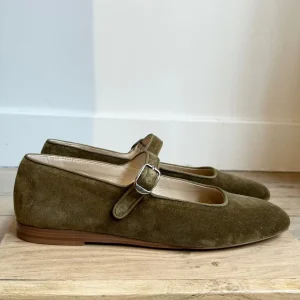 BALLERINES MARY JANE EN VELOURS - VERT OLIVE FONCÉ
