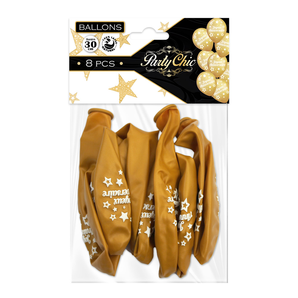 SACHET DE 8 BALLONS ANNIVERSAIRE OR