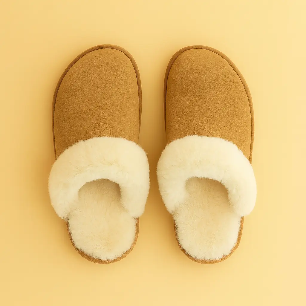 Pantoufle Chausson Femme suédée camel, col fourré – Image 2