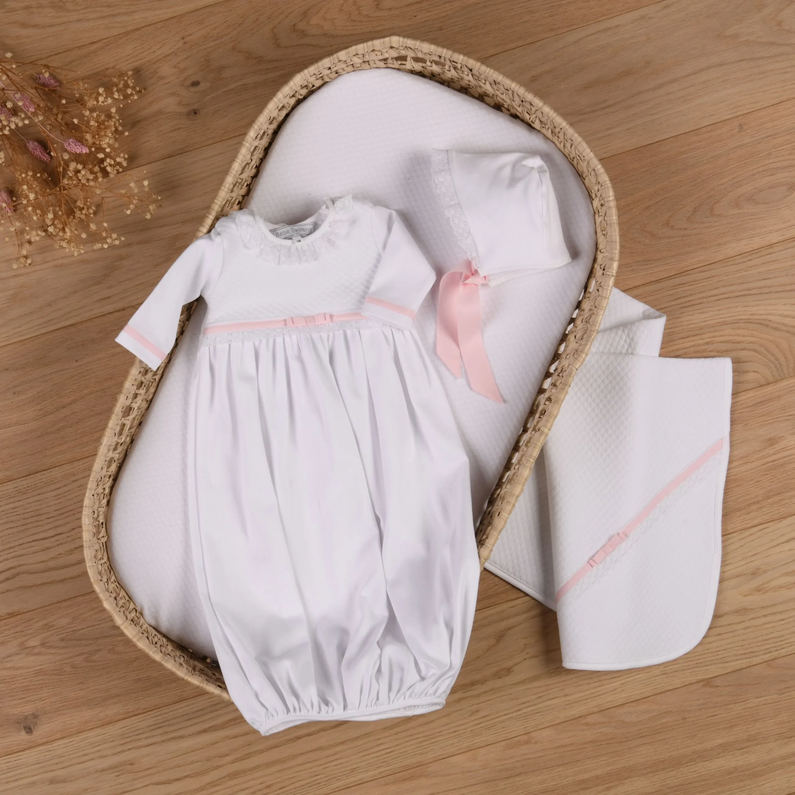ANDREA | Girls White & Pink Quilted Cotton Gown Set (2) – Image 3