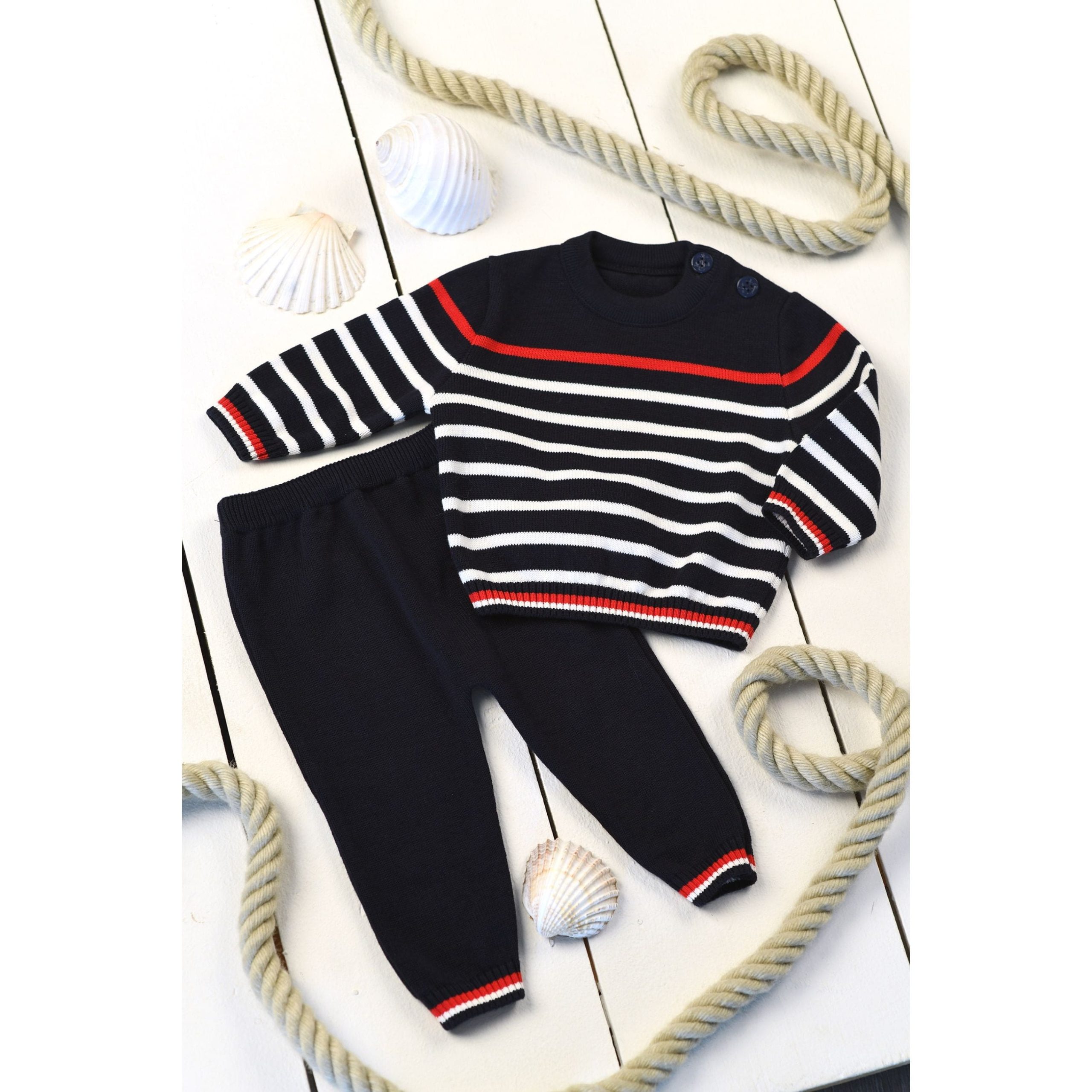 ANTON | Baby Boys Navy Blue Striped Knitted Trouser Set – Image 3