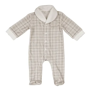BORIS | Baby Boys Beige Check Velour All-in-One
