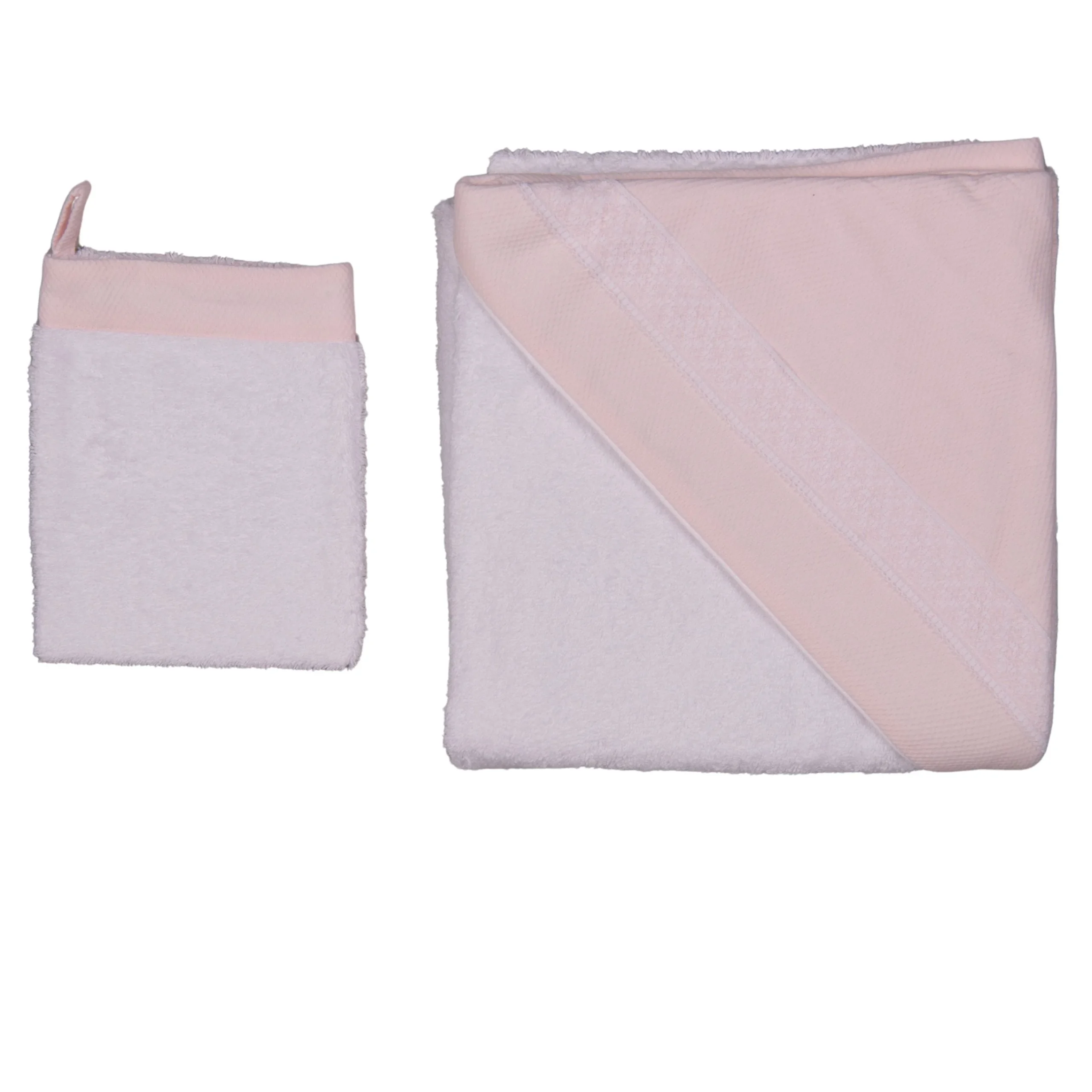 CLASSIC | Pink Cotton Hooded Towel & Mitt Set with Lace Detailing