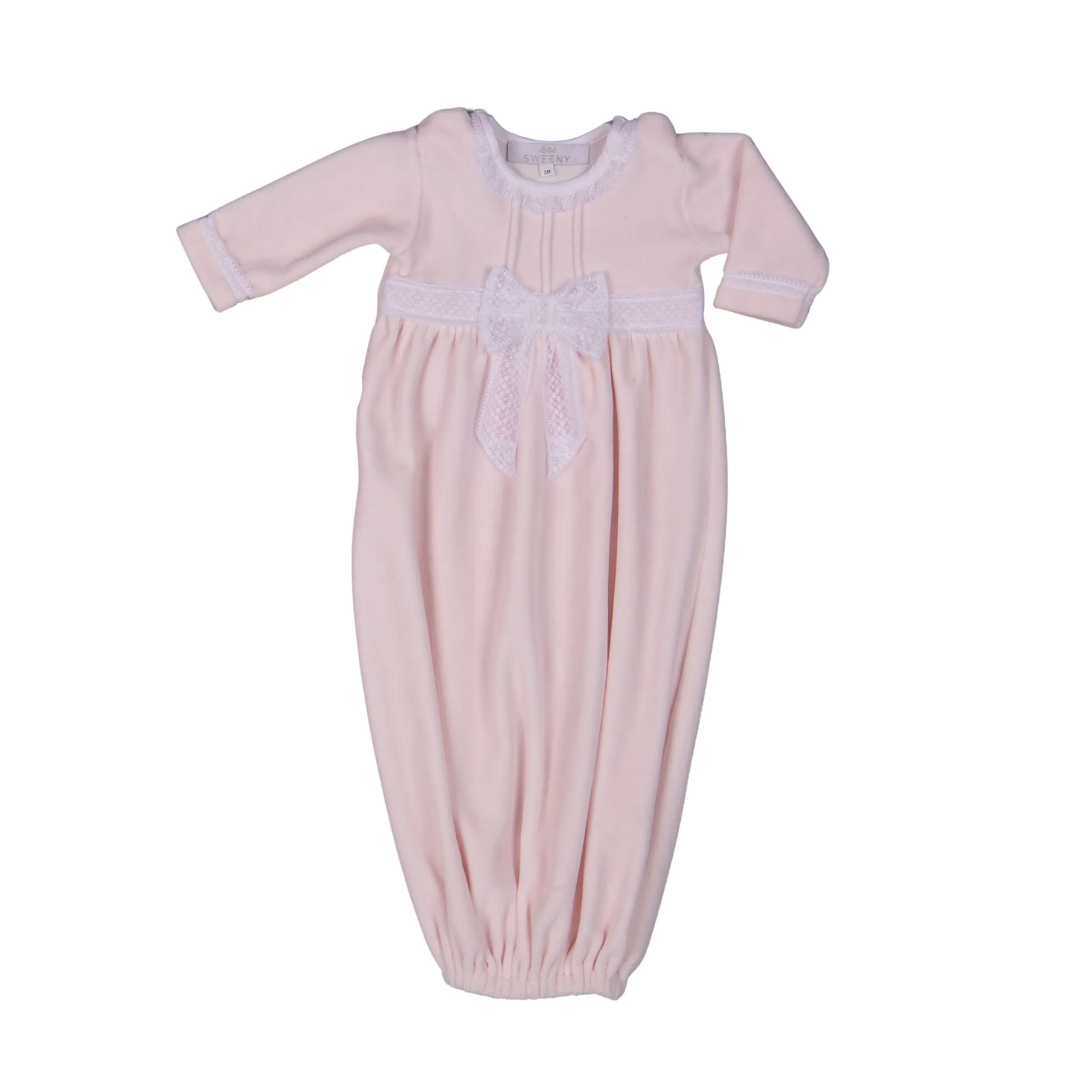 CLASSIC | Baby Girls Pink Velour Gown with Lace Detailing – Image 2