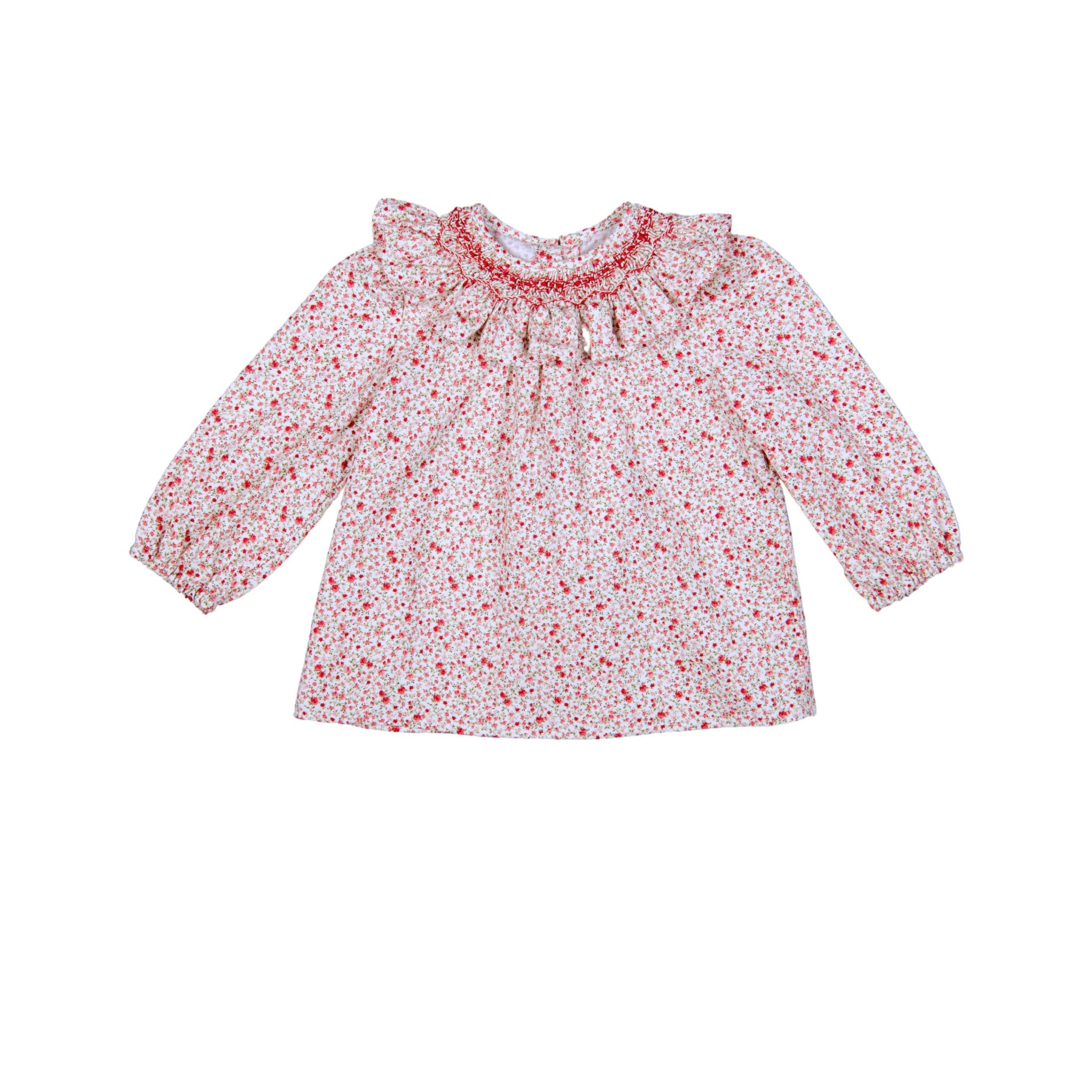 ELSA | Girls Red Hand-Smocked Floral Blouse – Image 2