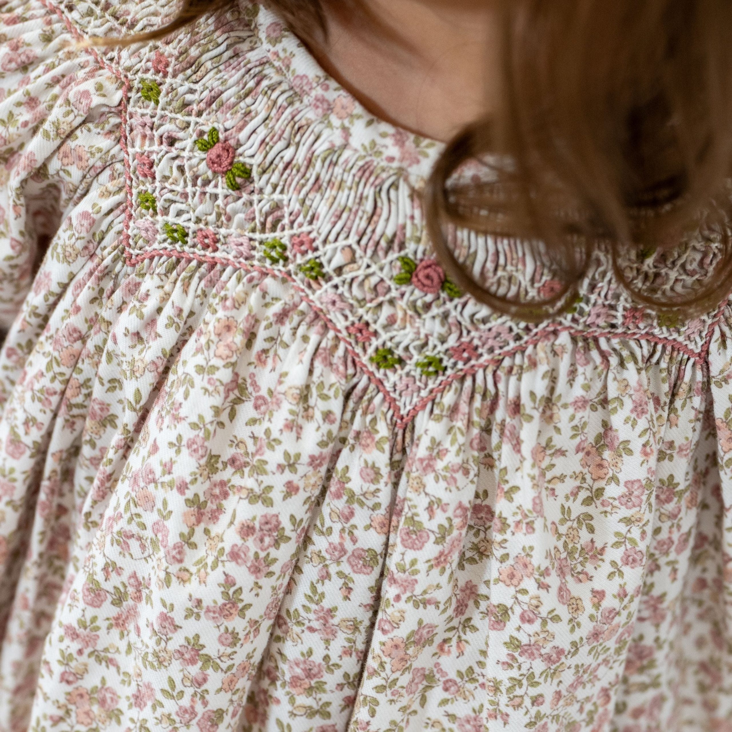 FLORENCE | Girls Beige & Pink Floral Cotton Hand-Smocked Dress – Image 3