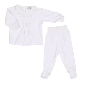 PURITY | Girls White Velour Two-Piece Set with Broderie Anglaise Collar