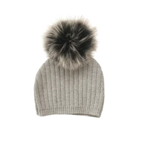Boys Grey Knit ribbed Pom Pom Hat | Made in France