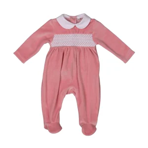 SOFIA | Girls Pink Smocked Velour All-in-One