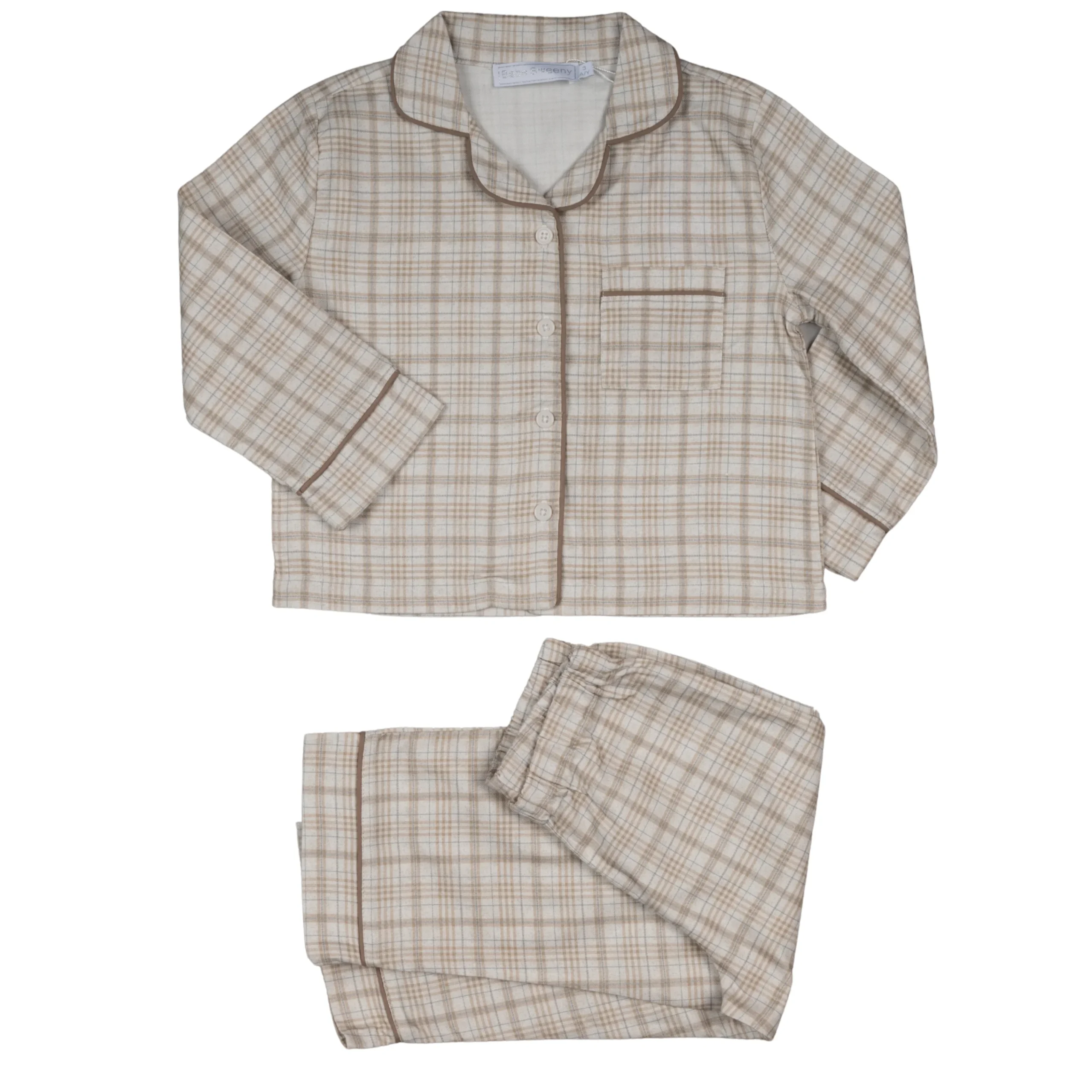 TIAGO | Boys Beige & Brown Check Cotton Flannel Two-Piece Set